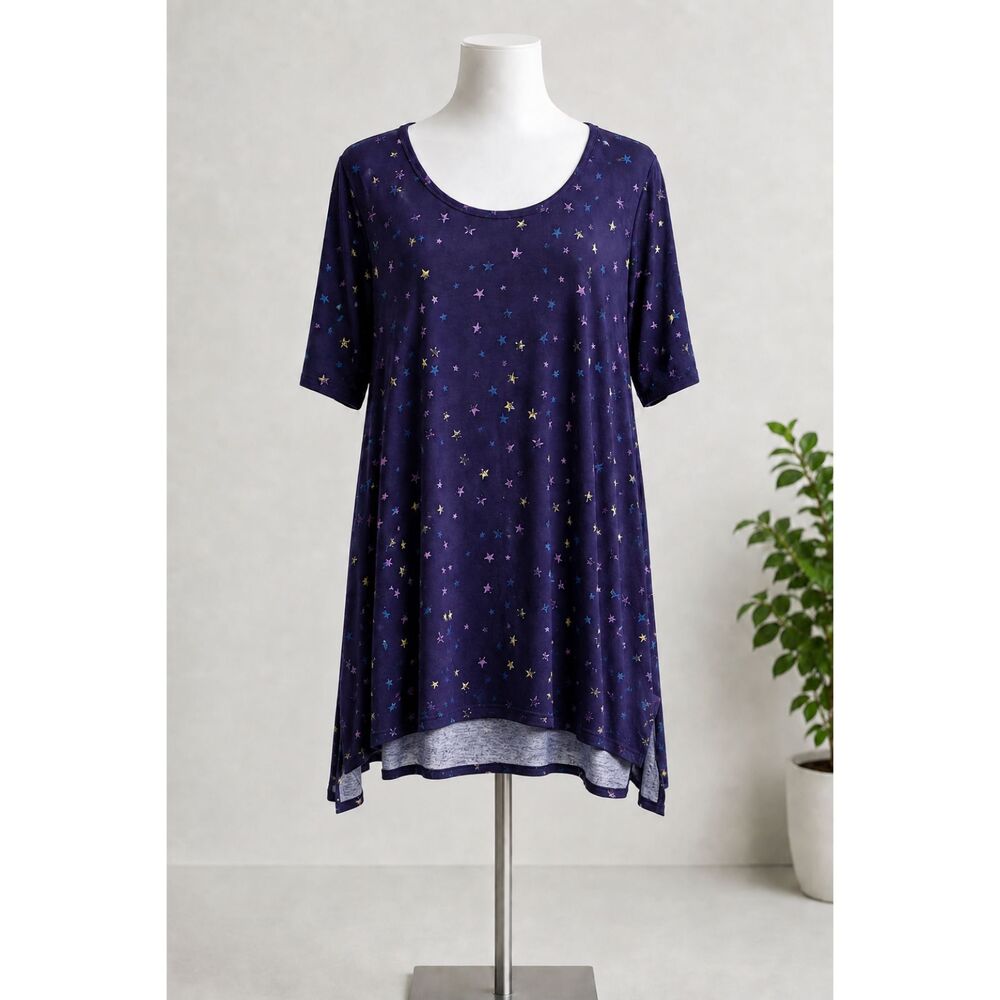 LuLaRoe Perfect T Women’s Large Purple Star Print Swing Tunic Top NWT Side Slit